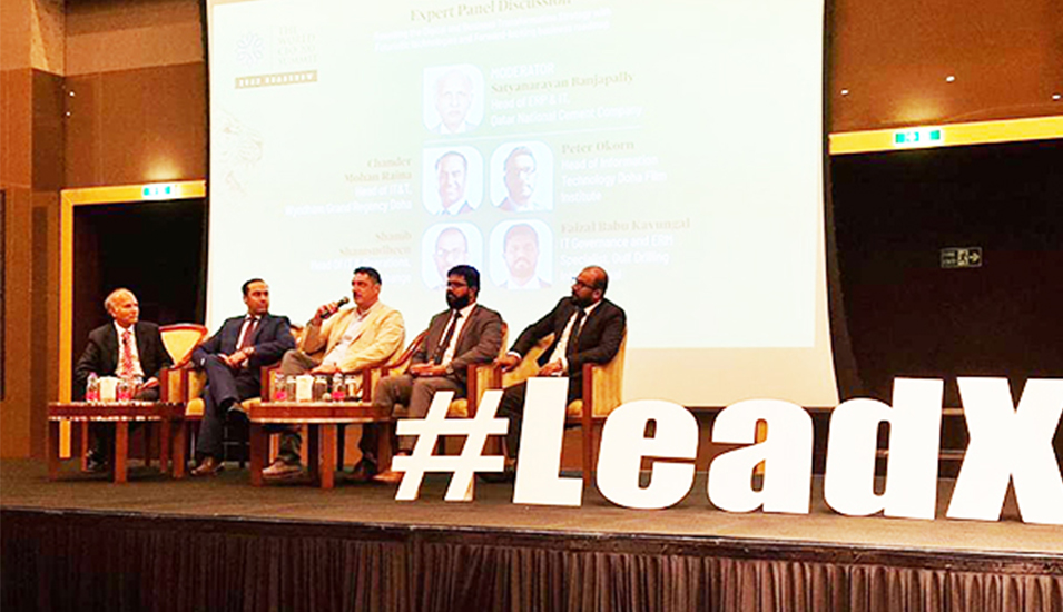 Panel discussion on Rewriting the Digital and Business Transformation Strategy with Futuristic technologies and Forward-looking business roadmap. The moderator was Satyanarayan Banjapall and panellists included Chander Mohan Raina, Peter Okorn, Shanib Shamsudheen, and Faizal Babu Kavungal